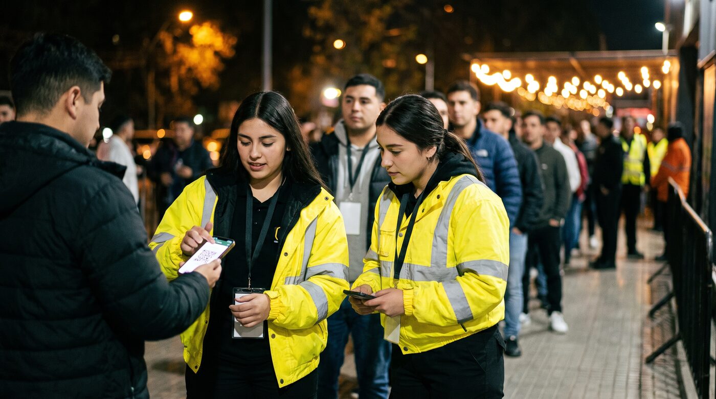Personal de acceso escaneando el QR de un asistente en la entrada